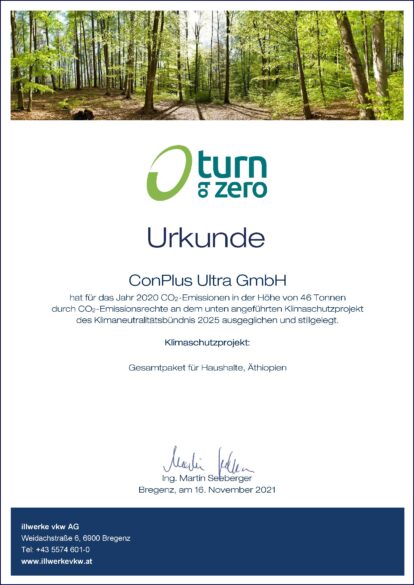 CO2-Kompensation von ConPlusUltra GmbH Urkunde