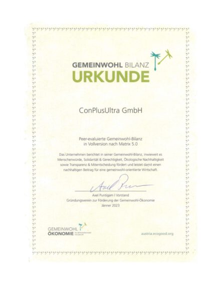 Foto Urkunde Gemeinwohlbilanz ConPlusUltra GmbH